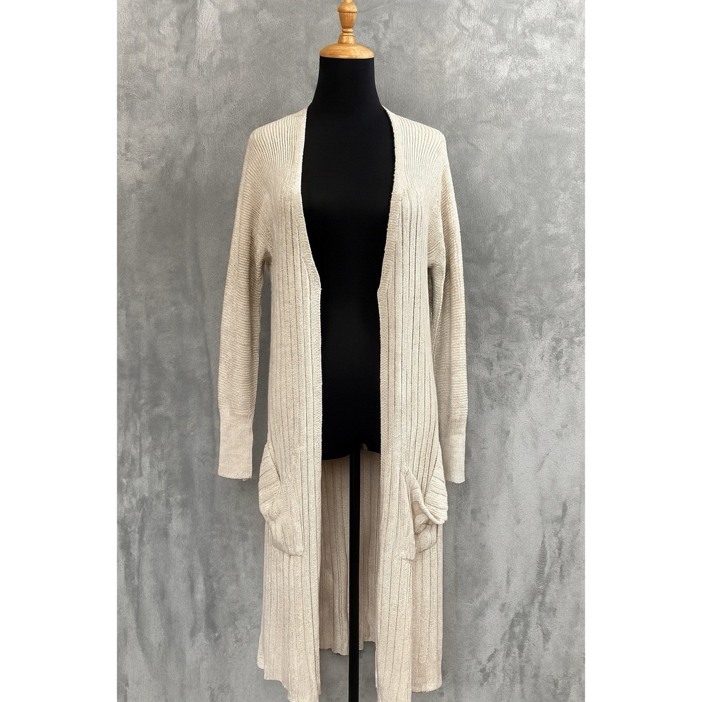 Free People Beige Ribbed Knit Longline Cardigan Duster Pockets Size M